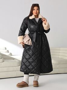 Solflare Plus Size Women's Plush Patchwork Casual Versatile Winter Padded Coat - Black - View 4