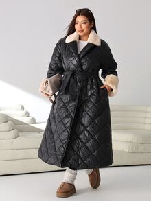 Solflare Plus Size Women's Plush Patchwork Casual Versatile Winter Padded Coat - Black - View 3
