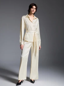 TaskSense Women's Solid Color Single-Breasted Long Sleeve Top And Pants Casual Elegant Daily 2 Pieces Set Vacation Cream White Fall - Light Yellow - View 3