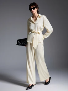 TaskSense Women's Solid Color Single-Breasted Long Sleeve Top And Pants Casual Elegant Daily 2 Pieces Set Vacation Cream White Fall - Light Yellow - View 5