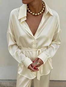 TaskSense Women's Solid Color Single-Breasted Long Sleeve Top And Pants Casual Elegant Daily 2 Pieces Set Vacation Cream White Fall - Light Yellow - View 9