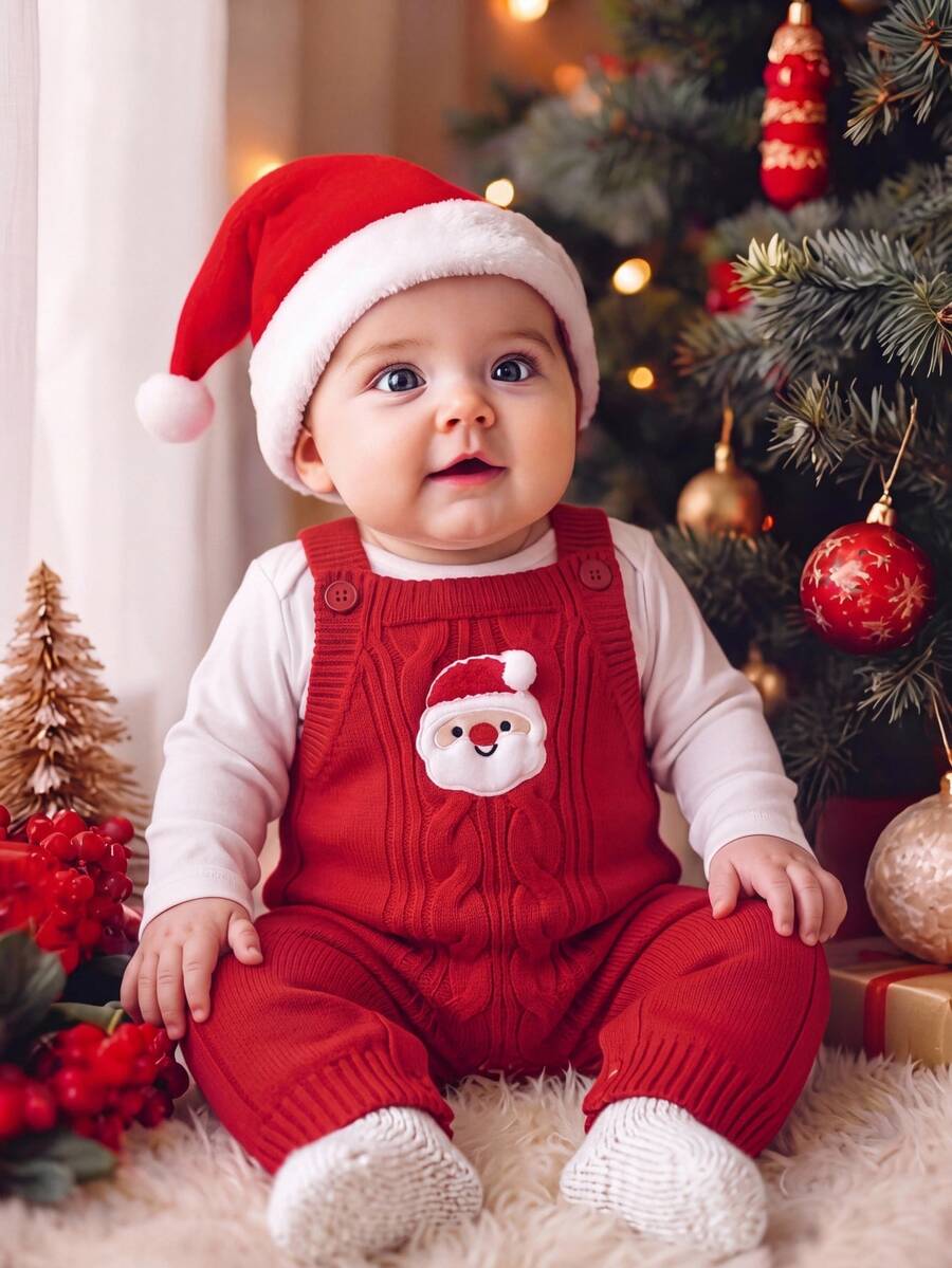 SHEIN Kids Kids Kids Kids Newborn Christmas Stocking Decoration Knitted Autumn Winter Romper - Red - View 1