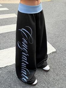 Muchica Women's Street Letter Print Colorblock Loose Long Pants - Multicolor - View 6