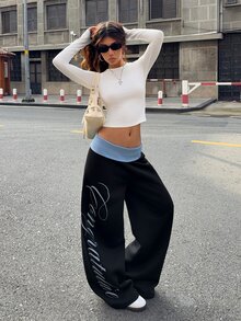 Muchica Women's Street Letter Print Colorblock Loose Long Pants - Multicolor - View 5