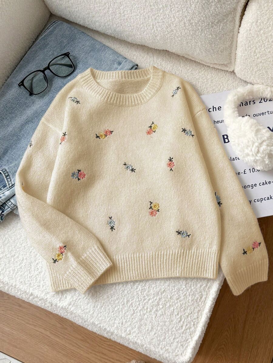 SHEIN 青少年女孩米色花卉刺繡圓領長袖羅紋下擺套頭毛衣 - 駝色 - 查看 1