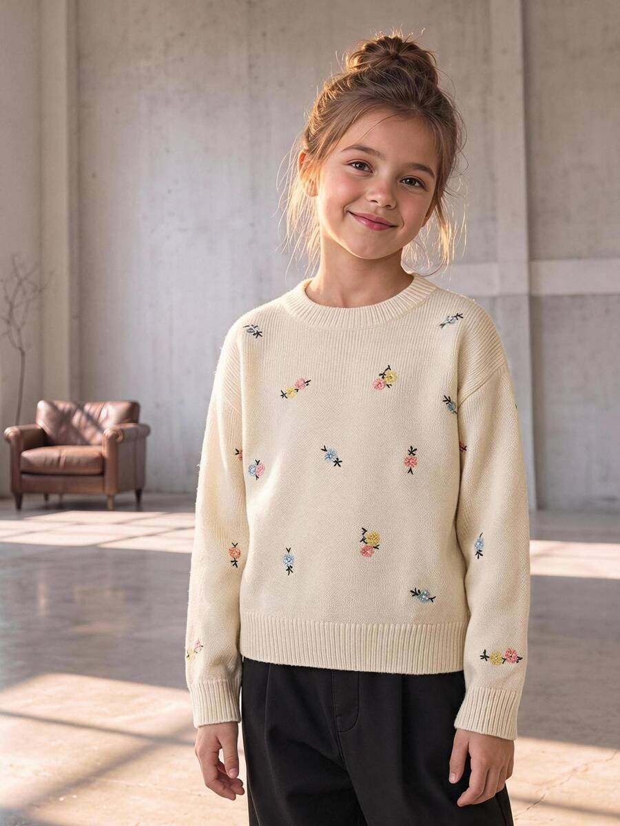 SHEIN Tween Girls Sweater Cream Floral Embroidered Crew Neck Long Sleeve Ribbed Hem Pullover - Camel - View 1