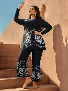 SHEIN Swim Plus Size Women 2 Pieces Burkini Set, Digital Printed Retro Style, Suitable For Summer Beach Vacation - Multicolor - View 8