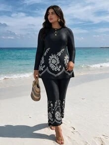 SHEIN Swim Plus Size Women 2 Pieces Burkini Set, Digital Printed Retro Style, Suitable For Summer Beach Vacation - Multicolor - View 1