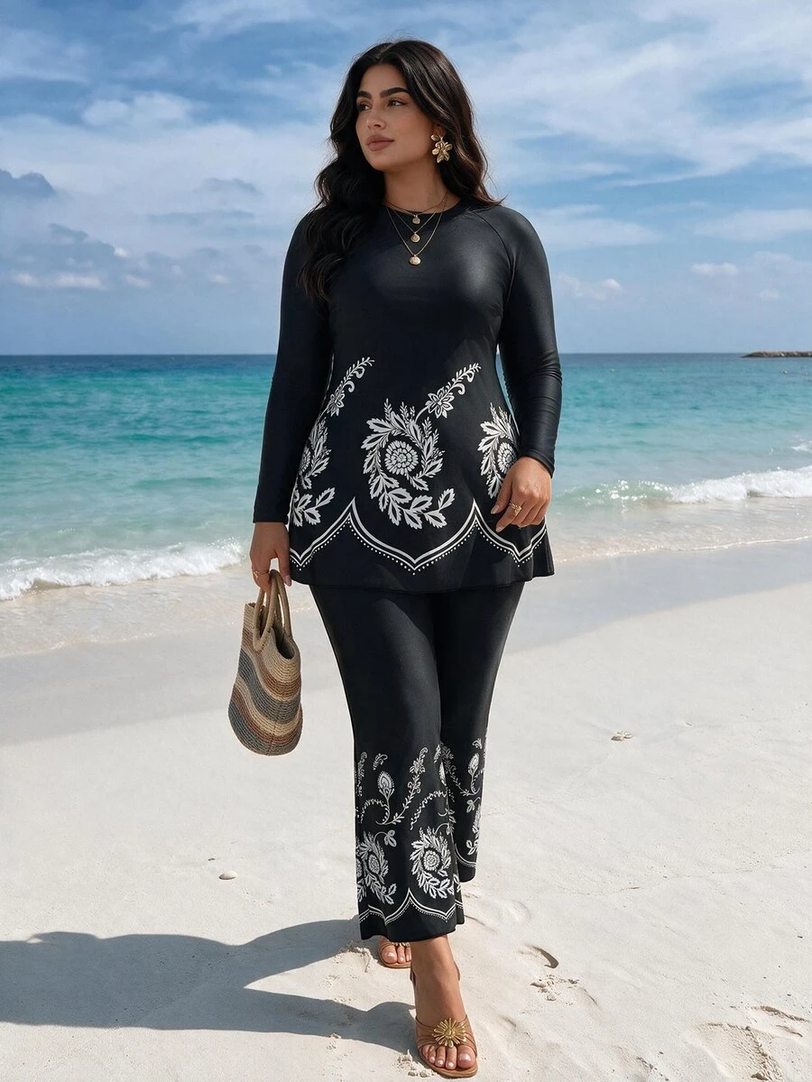 SHEIN Swim Plus Size Women 2 Pieces Burkini Set, Digital Printed Retro Style, Suitable For Summer Beach Vacation - Multicolor - View 1