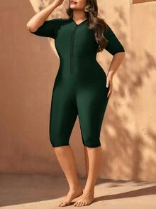 SHEIN Swim Plus Size Women One-Piece Solid Color Conservative Surfing Swimsuit Beach Sports Summer Kelly Green - Dark Green - View 6