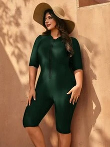 SHEIN Swim Plus Size Women One-Piece Solid Color Conservative Surfing Swimsuit Beach Sports Summer Kelly Green - Dark Green - View 8