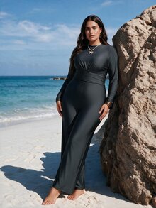 SHEIN Swim 大码女式长袖连体泳衣，沙滩度假套装 - 黑色 - 查看 2