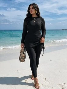 SHEIN Swim Plus Size Women 2 Pieces Solid Color Long Sleeve Pullover Ruched Waist Slimming Tummy Control Top With Solid Color Long Pants Middle East Conservative Full Coverage Burkini Swimwear Set - Black - View 2