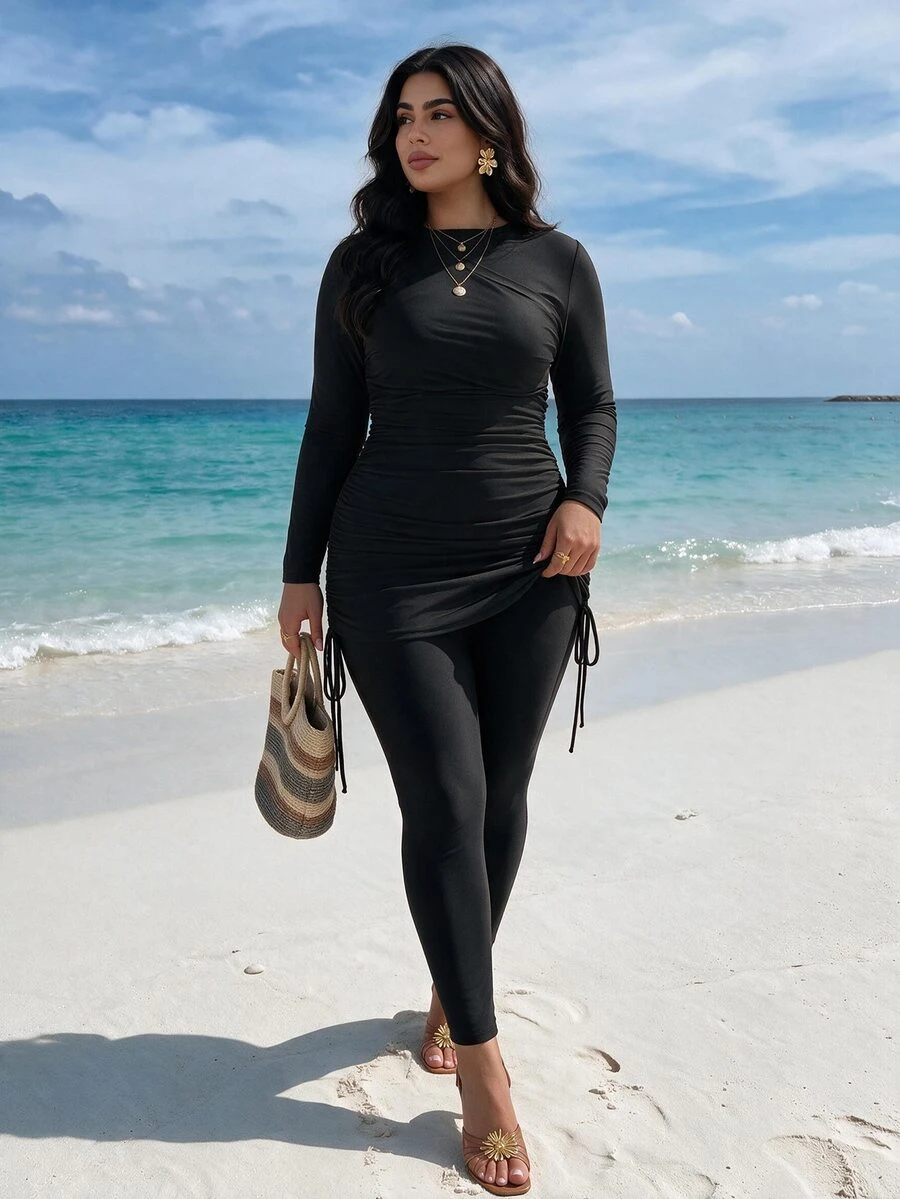 SHEIN Swim Plus Size Women 2 Pieces Solid Color Long Sleeve Pullover Ruched Waist Slimming Tummy Control Top With Solid Color Long Pants Middle East Conservative Full Coverage Burkini Swimwear Set
