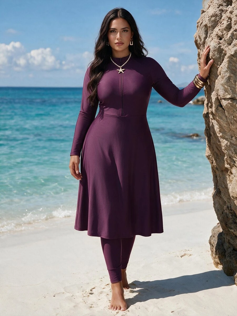 SHEIN Swim Summer Beach Plus Zip Front Full Body Burkini Swimsuit Dresses For Women>Long Sleeve - Redwood - View 1