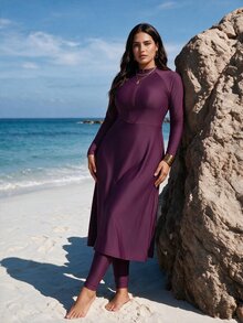 SHEIN Swim Summer Beach Plus Zip Front Full Body Burkini Swimsuit Dresses For Women>Long Sleeve - Redwood - View 2