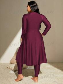 SHEIN Swim Summer Beach Plus Zip Front Full Body Burkini Swimsuit Dresses For Women>Long Sleeve - Redwood - View 4