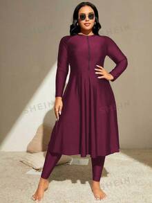 SHEIN Swim Summer Beach Plus Zip Front Full Body Burkini Swimsuit Dresses For Women>Long Sleeve - Redwood - View 6