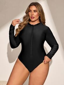 SHEIN Swim Plus Size Women Cover Up Full Bodysuit With Cover-Up Skirt, Beach Wear For Summer Beach Vacation - Black and White - View 5
