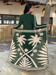 Swim Mulvari Summer Beach Plus Size Women's Tropical Print Long Sleeve Round Neck Burkini - Multicolor - View 4