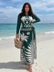 Swim Mulvari Summer Beach Plus Size Women's Tropical Print Long Sleeve Round Neck Burkini - Multicolor - View 2