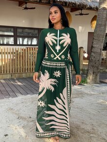 Swim Mulvari Summer Beach Plus Size Women's Tropical Print Long Sleeve Round Neck Burkini - Multicolor - View 5