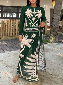 Swim Mulvari Summer Beach Plus Size Women's Tropical Print Long Sleeve Round Neck Burkini - Multicolor - View 3
