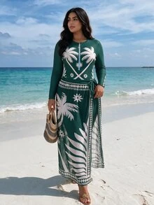 Swim Mulvari Summer Beach Plus Size Women's Tropical Print Long Sleeve Round Neck Burkini - Multicolor - View 1