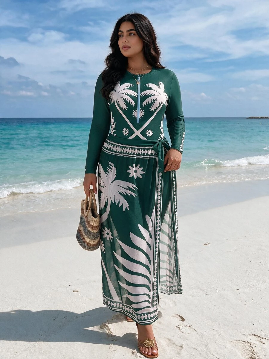 Swim Mulvari Summer Beach Plus Size Women's Tropical Print Long Sleeve Round Neck Burkini - Multicolor - View 1
