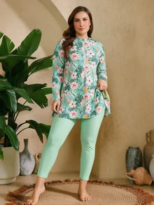 Swim Mulvari Plus Size 2pcs Women's Floral Colorful Leaf Random Print Long Sleeve Long Pants Separate Modest Burkini Swimsuit Set Beach Summer - Green - View 6