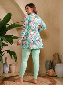 Swim Mulvari Plus Size 2pcs Women's Floral Colorful Leaf Random Print Long Sleeve Long Pants Separate Modest Burkini Swimsuit Set Beach Summer - Green - View 5
