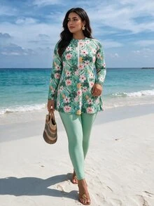 Swim Mulvari Plus Size 2pcs Women's Floral Colorful Leaf Random Print Long Sleeve Long Pants Separate Modest Burkini Swimsuit Set Beach Summer - Green - View 2