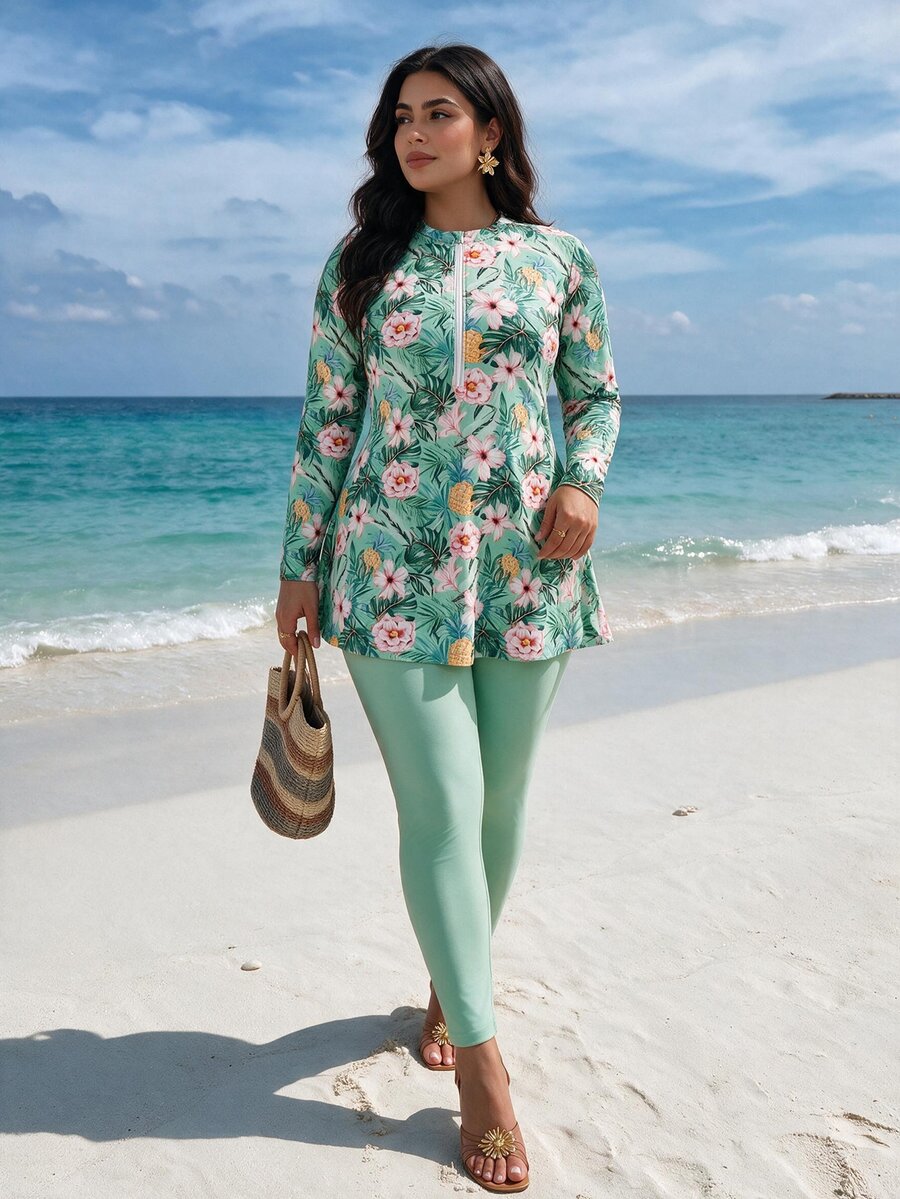 Swim Mulvari Plus Size 2pcs Women's Floral Colorful Leaf Random Print Long Sleeve Long Pants Separate Modest Burkini Swimsuit Set Beach Summer