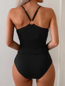 SHEIN Swim Women Plain Ruched Deep V-Neck Sleeveless Drawstring Tank Top And Bottom Tankini Swimwear Set, For Travel, Vacation, Swimming Pool, Summer Beach - Black - View 2