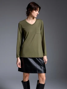 Trelyra SZ195 Military Green V-Neck Pocket Long Sleeve T-Shirt - Army Green - View 3