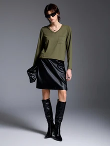 Trelyra SZ195 Military Green V-Neck Pocket Long Sleeve T-Shirt - Army Green - View 4