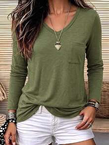 Trelyra SZ195 Military Green V-Neck Pocket Long Sleeve T-Shirt - Army Green - View 9