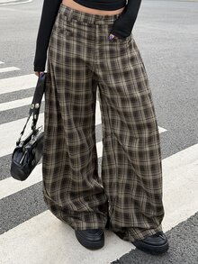 Muchica Celana Olahraga Wanita Streetwear Longgar Motif Kotak-kotak dengan Kantong - MultiWarna - View 1