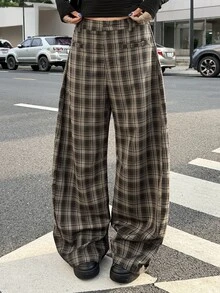 Muchica Celana Olahraga Wanita Streetwear Longgar Motif Kotak-kotak dengan Kantong - MultiWarna - View 5