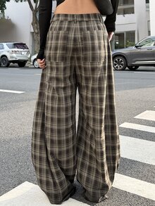 Muchica Celana Olahraga Wanita Streetwear Longgar Motif Kotak-kotak dengan Kantong - MultiWarna - View 3