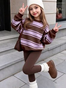 女童 2 件套可愛熊圖案運動衫與波點內搭褲，保暖內裡舒適秋冬套裝，柔軟休閒日常穿著 - 彩色 - 查看 3