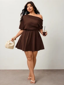 SHEIN CURVE+ Plus Size Brown Short-Sleeve A-Line Dress Asymmetrical Neckline Workwear Fall Winter 2026 22W - Brown - View 6