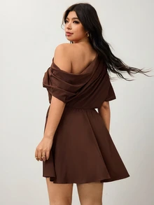 SHEIN CURVE+ Plus Size Brown Short-Sleeve A-Line Dress Asymmetrical Neckline Workwear Fall Winter 2026 22W - Brown - View 3