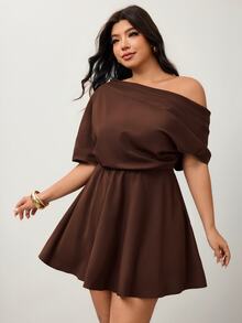 SHEIN CURVE+ Plus Size Brown Short-Sleeve A-Line Dress Asymmetrical Neckline Workwear Fall Winter 2026 22W - Brown - View 4