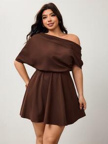 SHEIN CURVE+ Plus Size Brown Short-Sleeve A-Line Dress Asymmetrical Neckline Workwear Fall Winter 2026 22W - Brown - View 2