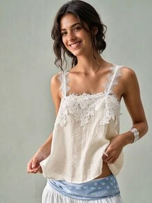 SoleilVie Women's Elegant Lace Patchwork Textured Crinkled Fabric Sheer Tank Top, Suitable For Vacation, Beach, Holiday Outfits - Apricot - View 4