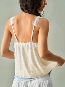 SoleilVie Women's Elegant Lace Patchwork Textured Crinkled Fabric Sheer Tank Top, Suitable For Vacation, Beach, Holiday Outfits - Apricot - View 3