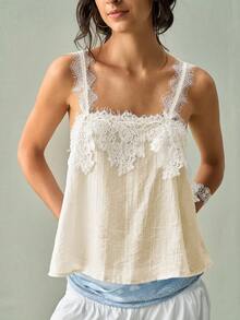 SoleilVie Women's Elegant Lace Patchwork Textured Crinkled Fabric Sheer Tank Top, Suitable For Vacation, Beach, Holiday Outfits - Apricot - View 2