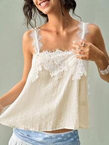 SoleilVie Women's Elegant Lace Patchwork Textured Crinkled Fabric Sheer Tank Top, Suitable For Vacation, Beach, Holiday Outfits - Apricot - View 6