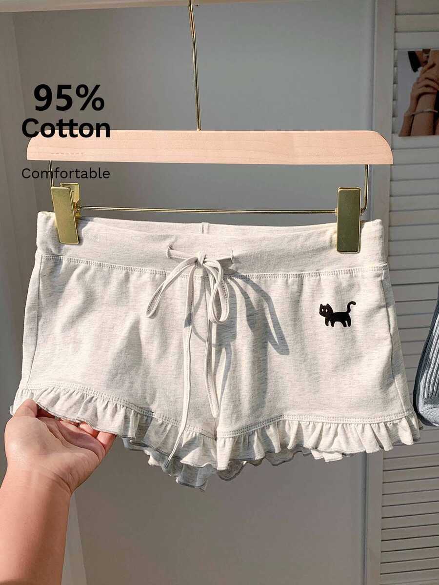 Comfortcana 女士夏季猫咪印花荷叶边系带短裤 - 灰色 - 查看 1